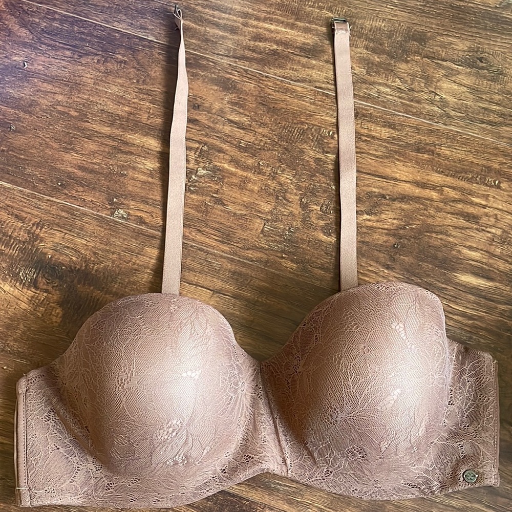 Like NEW Lucky Brand Strapless Bra Adjustable 42C Nude Tan Brown Lace